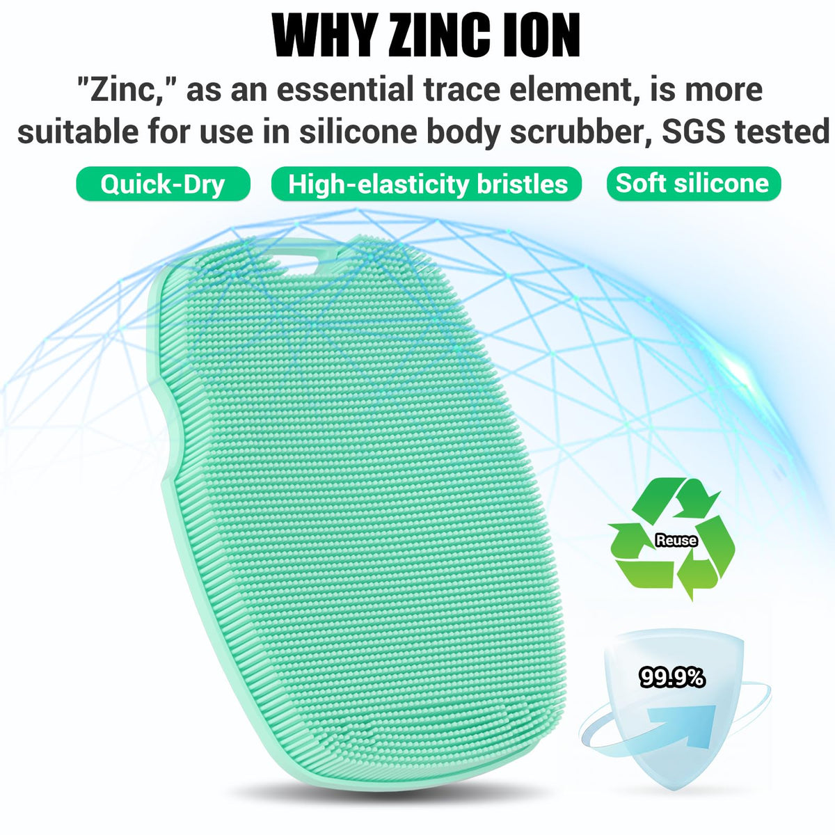 Zinc Infused Silicone Body Scrubber, Quick-Dry Bath Brush