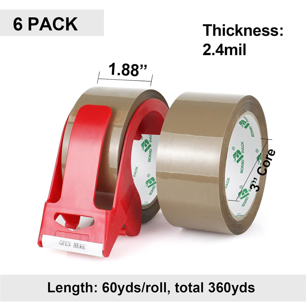 Brown Packing Tape with Dispenser, 2.4 Mil 1.88 Inch x 60 Yards, 6 Refills Rolls Packaging Tape for Moving, Shipping