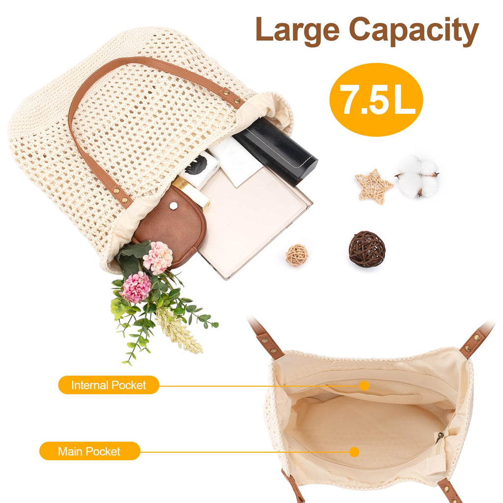 Crochet Beach Bag Summer Purse Boho Small Tote for Women, Beige