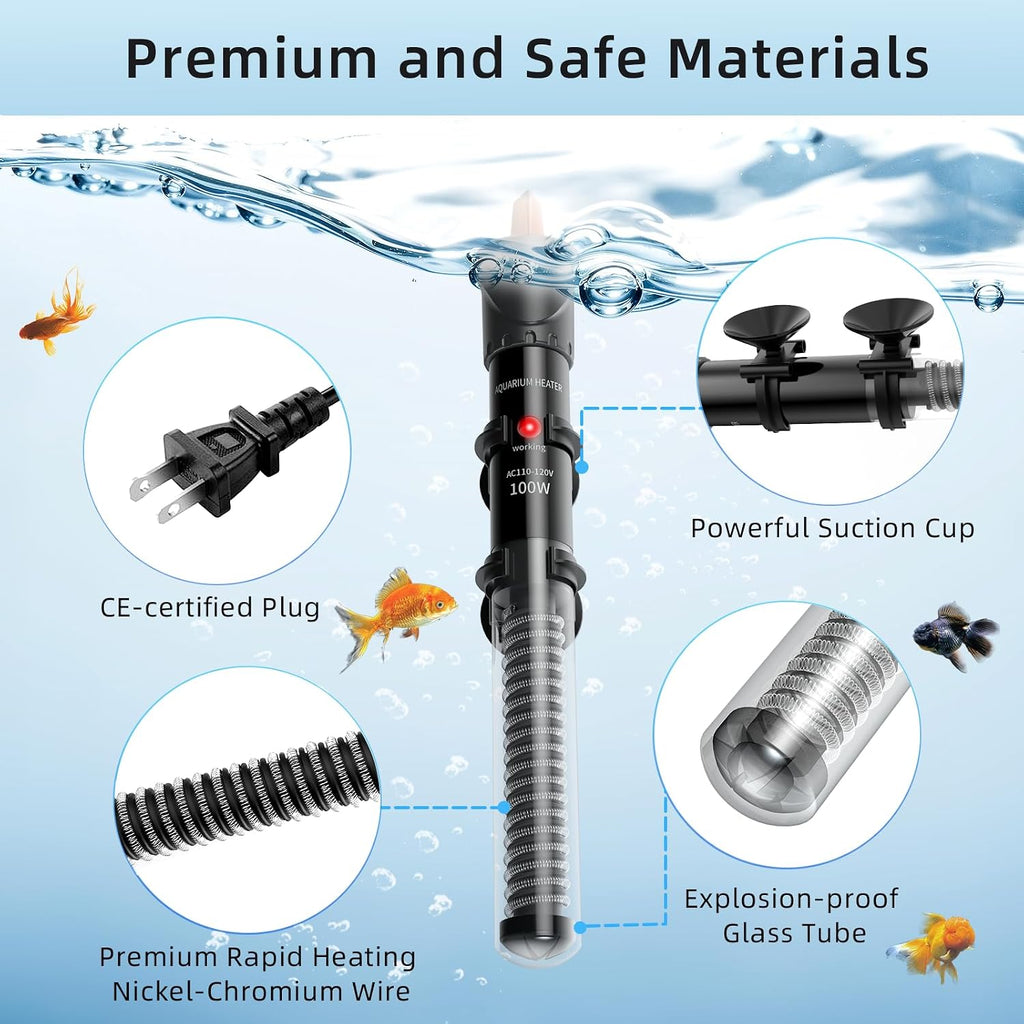 Aquarium Heater 25W/50W/100W/200W/300W, Adjustable Knob Fish Tank Heater with Digital Thermometer, Submersible