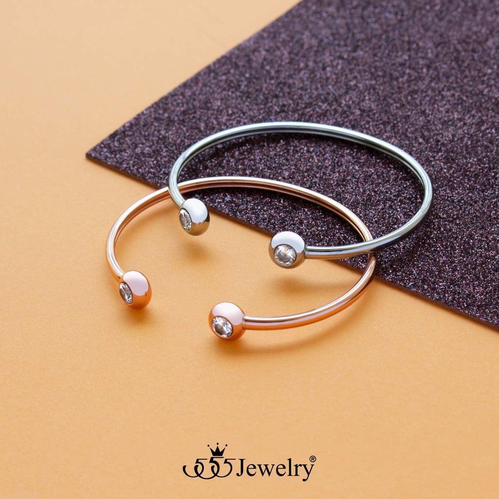 Stainless Steel Open Cuff Bangle CZ Bead Bracelet for Women & Ladies