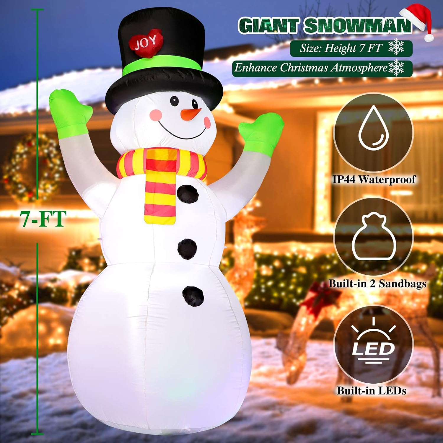 7 FT Christmas Inflatables Snowman Outdoor Decorations, Giant Blow up Snow Man Yard Decor Built-in Bright LED Light