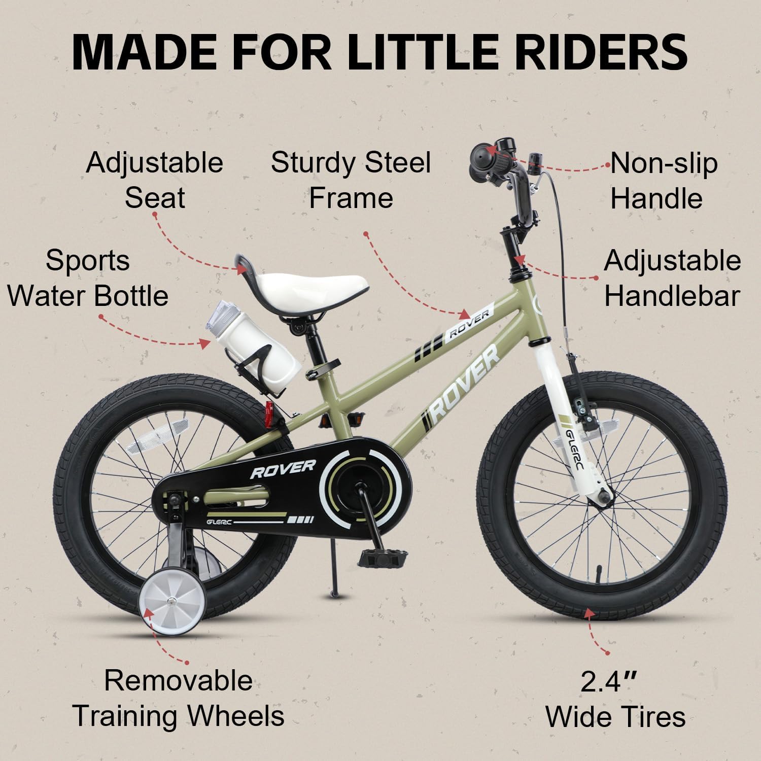 Rover Kids Bike, 12-18 Inch Boys Bike for 2-9 Years Old Children, Kids Bicycle with Water Bottle & Basket & Training