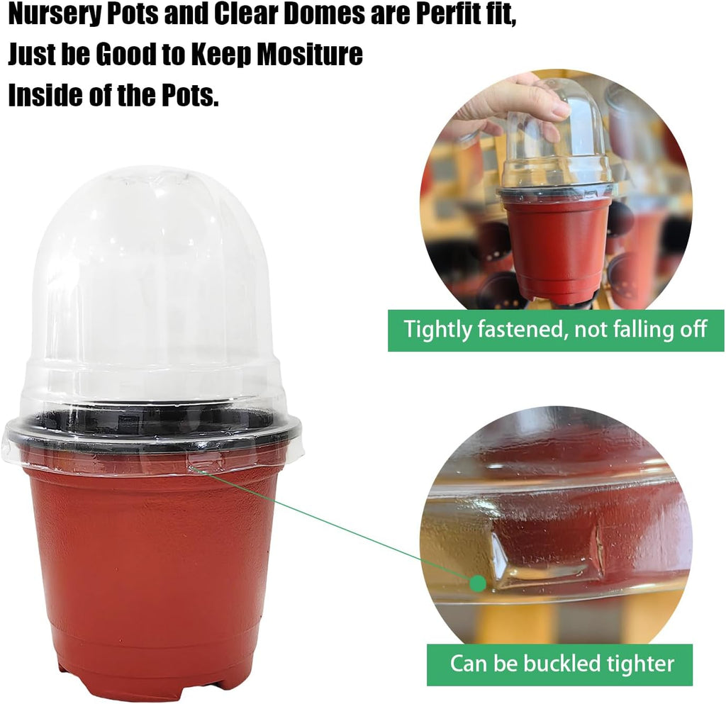 Plant Nursery Pots with Humidity Domes, 25 Sets 4 Inch Soft Nursery Pots Quality Ones (25 Red Pots + 25 Clear Lids)