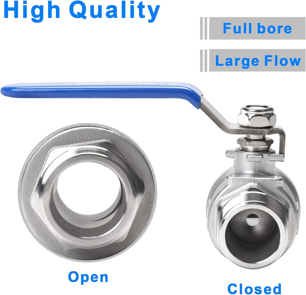 DERNORD Full Port Ball Valve 1 Inch - Male x Male Stainless Steel 304 Heavy Duty for Water, Oil, and Gas,1000WOG (1 Inch NPT)