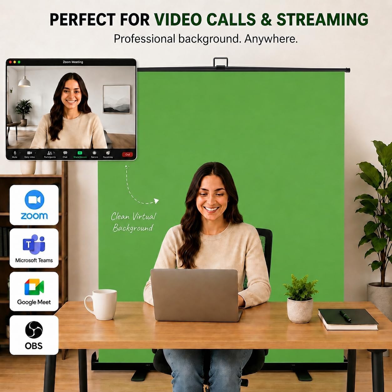 62-Inch Green Screen Backdrop – Collapsible, Portable Chroma Key Background for Streaming, Video Calls, Photography