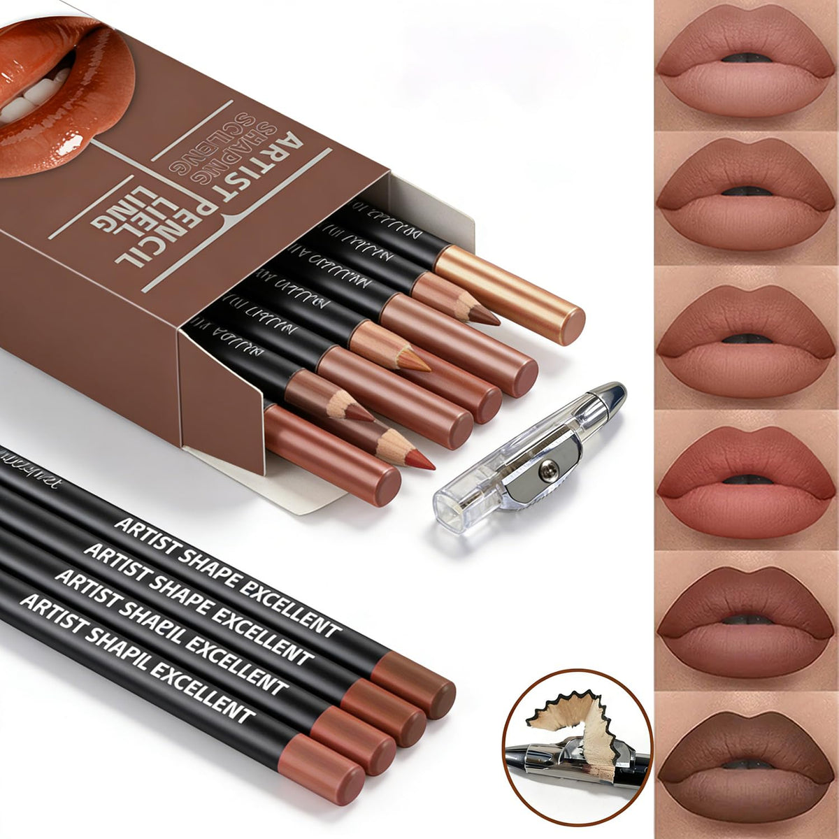 6 Colors Nude Brown Lip Liner Set with Sharpener, Long Lasting
