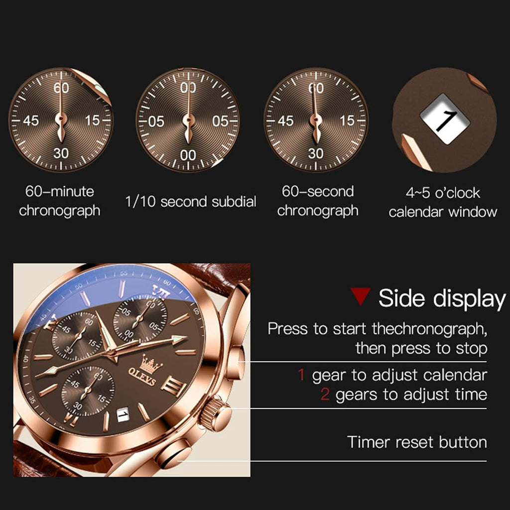 Men's Watches Brown Leather with Date,Casual Watches for Men,Large Face Watches Men,Chronograph Mens Watch,Sport
