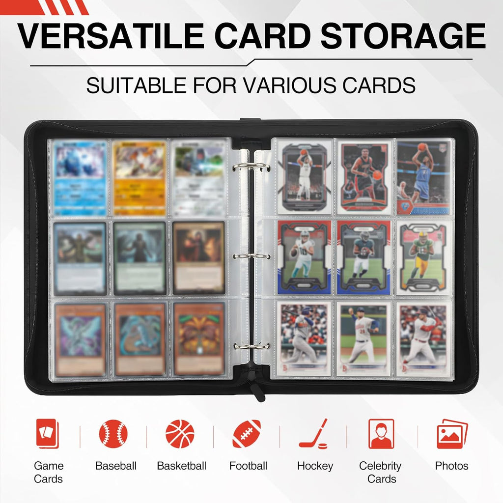 9 Pocket Trading Card Binder, 900 Cards Zip Album, Black | 50 Pcs Double Sided Sleeves, 3 Rings, Card Collection for