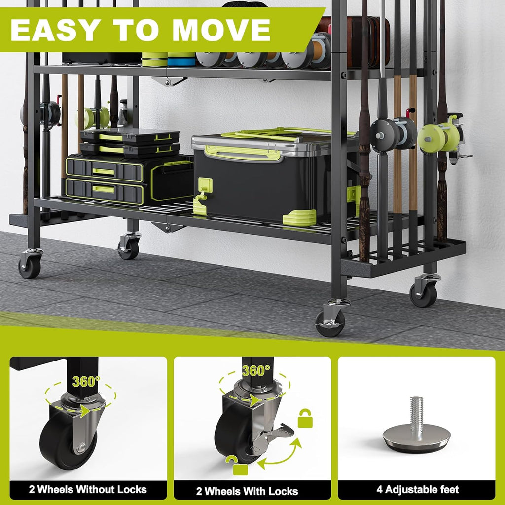 Fishing Rod Holders for Garage, Fishing Rod Stand with Wheels and Pegboard, 3-Tier Pole Storage Rack with 8 Hooks and