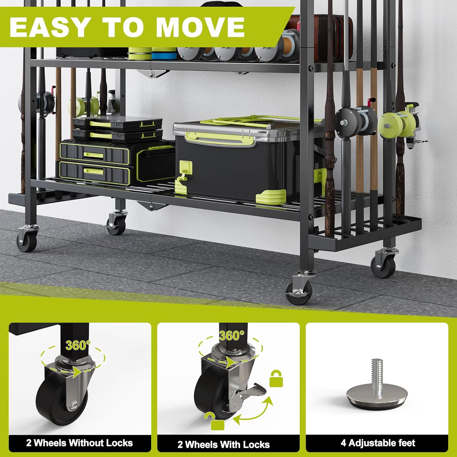 Fishing Rod Holders for Garage, Fishing Rod Stand with Wheels and Pegboard, 3-Tier Pole Storage Rack with 8 Hooks and