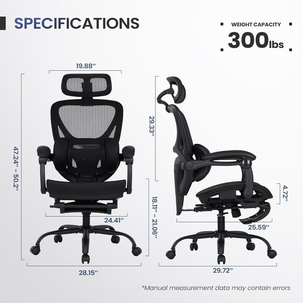 Ergonomic Mesh Office Chair with Footrest, Executive High Back Computer Desk Chair with 3D Adjustable Headrest &
