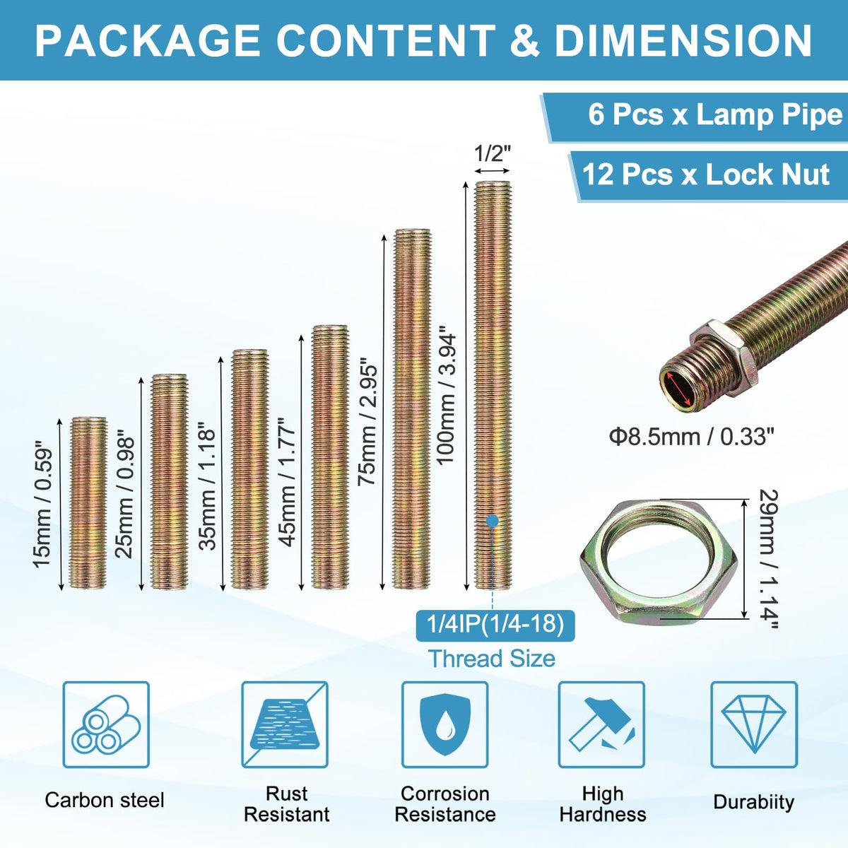 uxcell 6Pcs 1/4IP 6 Size Lamp Pipe Nipples with Lock Nut 1/4-18 Threaded