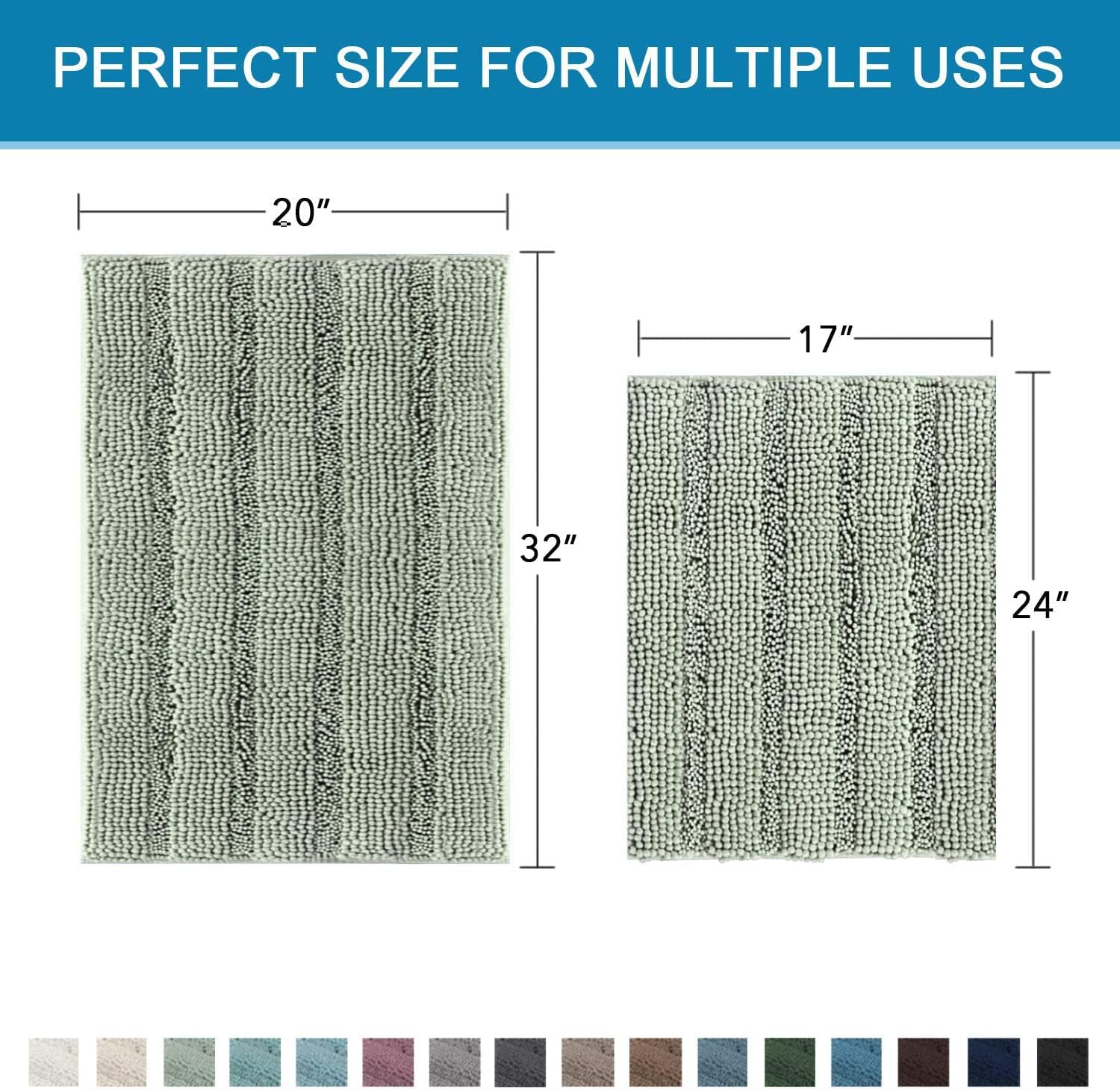 Sage Bathroom Rugs, Bath Mat Set of 2 Extra Thick Chenille Striped Pattern Shaggy Bath Rugs for Bath Room, Non Skid