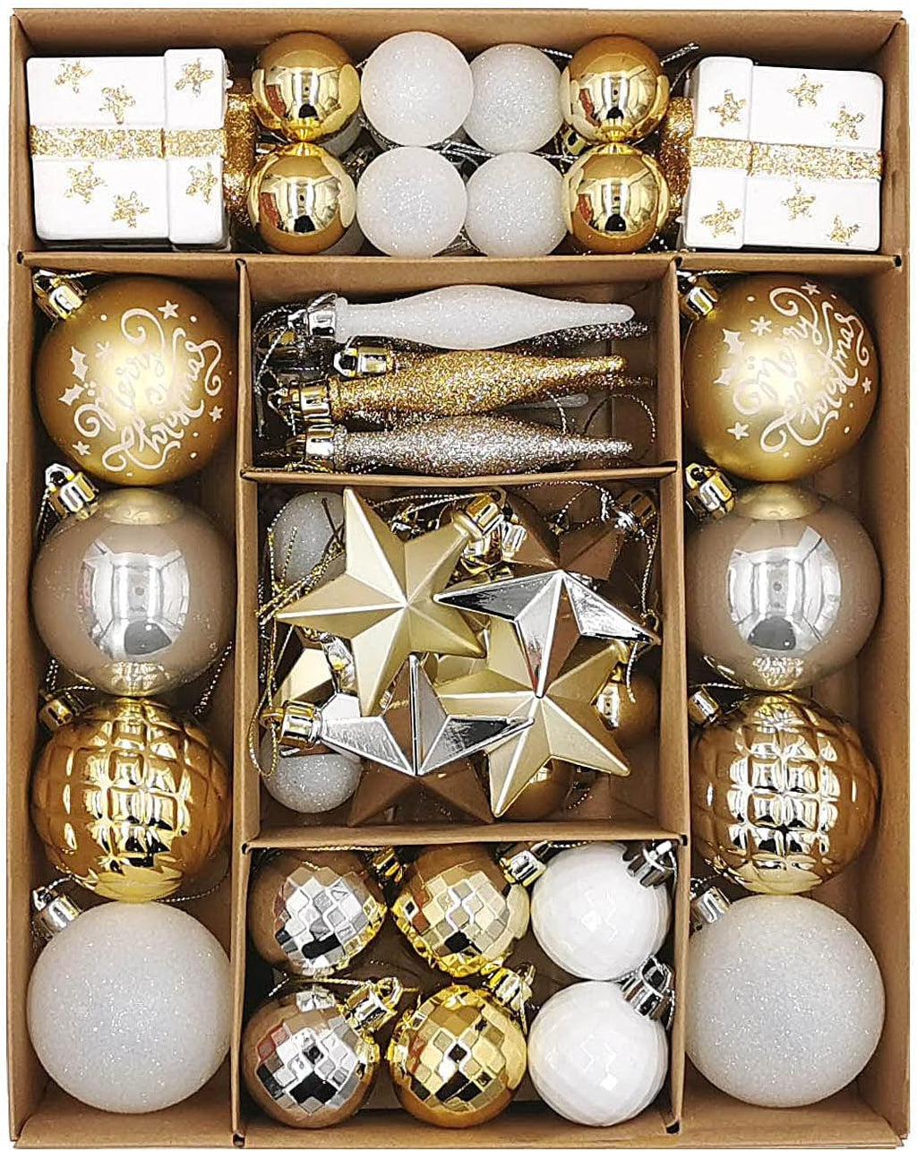 Christmas Assorted Ornaments Set, 58 ct Gold-Silver-White Stars Theme Xmas Tree Ball Ornament, Shatterproof