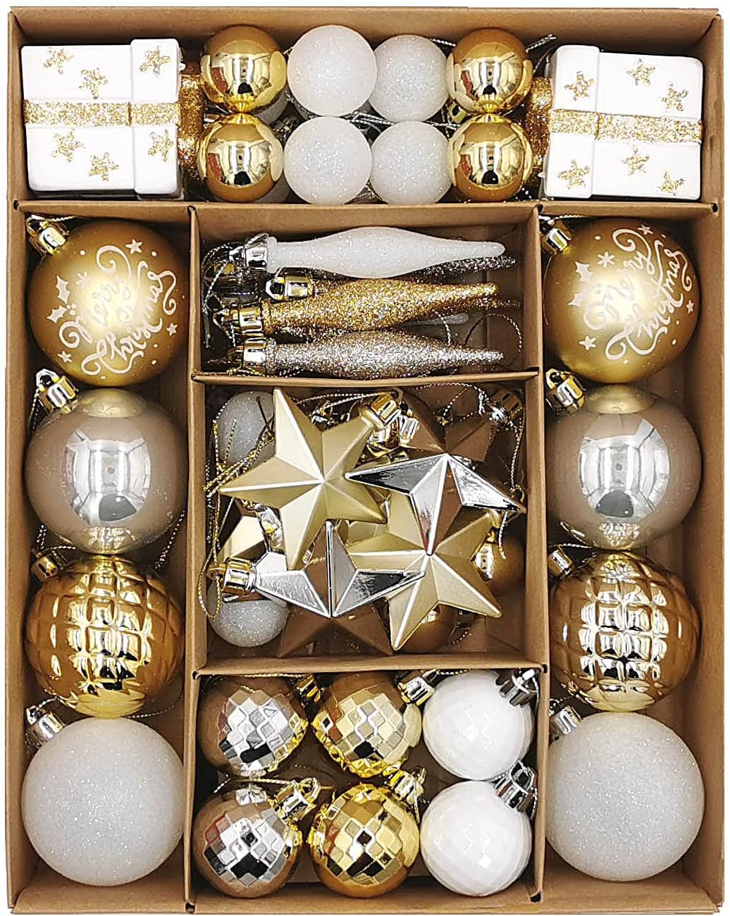 Christmas Assorted Ornaments Set, 58 ct Gold-Silver-White Stars Theme Xmas Tree Ball Ornament, Shatterproof