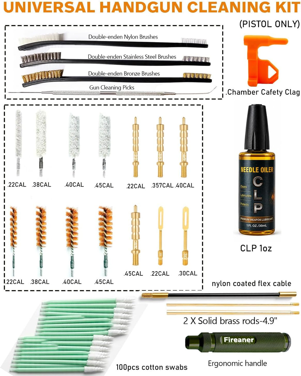 Pistol Basics Single-Caliber Cleaning Kit, Handgun Cleaning kit for 9mm, .22, .380, .40, .45Cal with Gun Snakes in