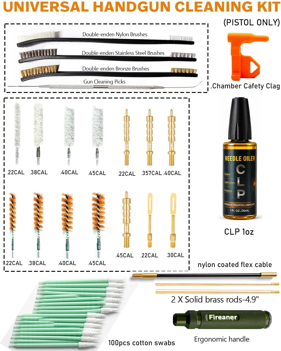 Pistol Basics Single-Caliber Cleaning Kit, Handgun Cleaning kit for 9mm, .22, .380, .40, .45Cal with Gun Snakes in