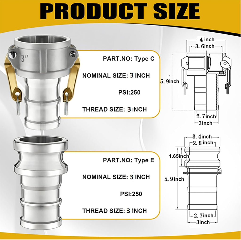2 Set 3 Inch Camlock Fittings Type C&E