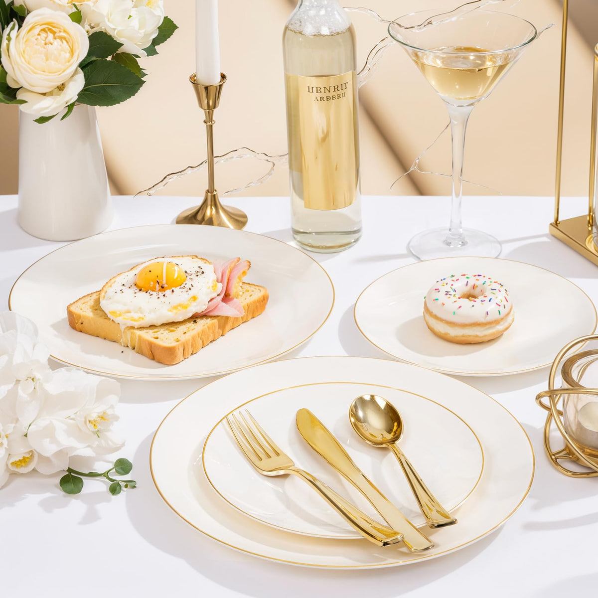 100PCS Ivory and Gold Plastic Plates 10.25″ Disposable Dinner Plate