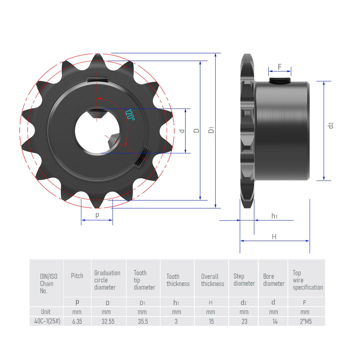 FOCMKEAS 16 Tooth Roller Chain Sprocket, 25 Chain, 14mm Bore