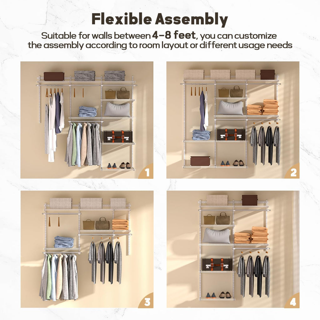Quality Closet Organizer System: 4-8 Ft Adjustable Metal Wire Shelves