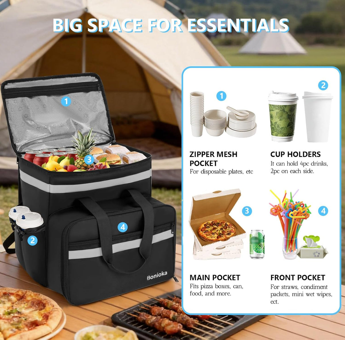 Food Delivery Backpack, Expandable Insulated Pizza Bag with 4 Cup Holders