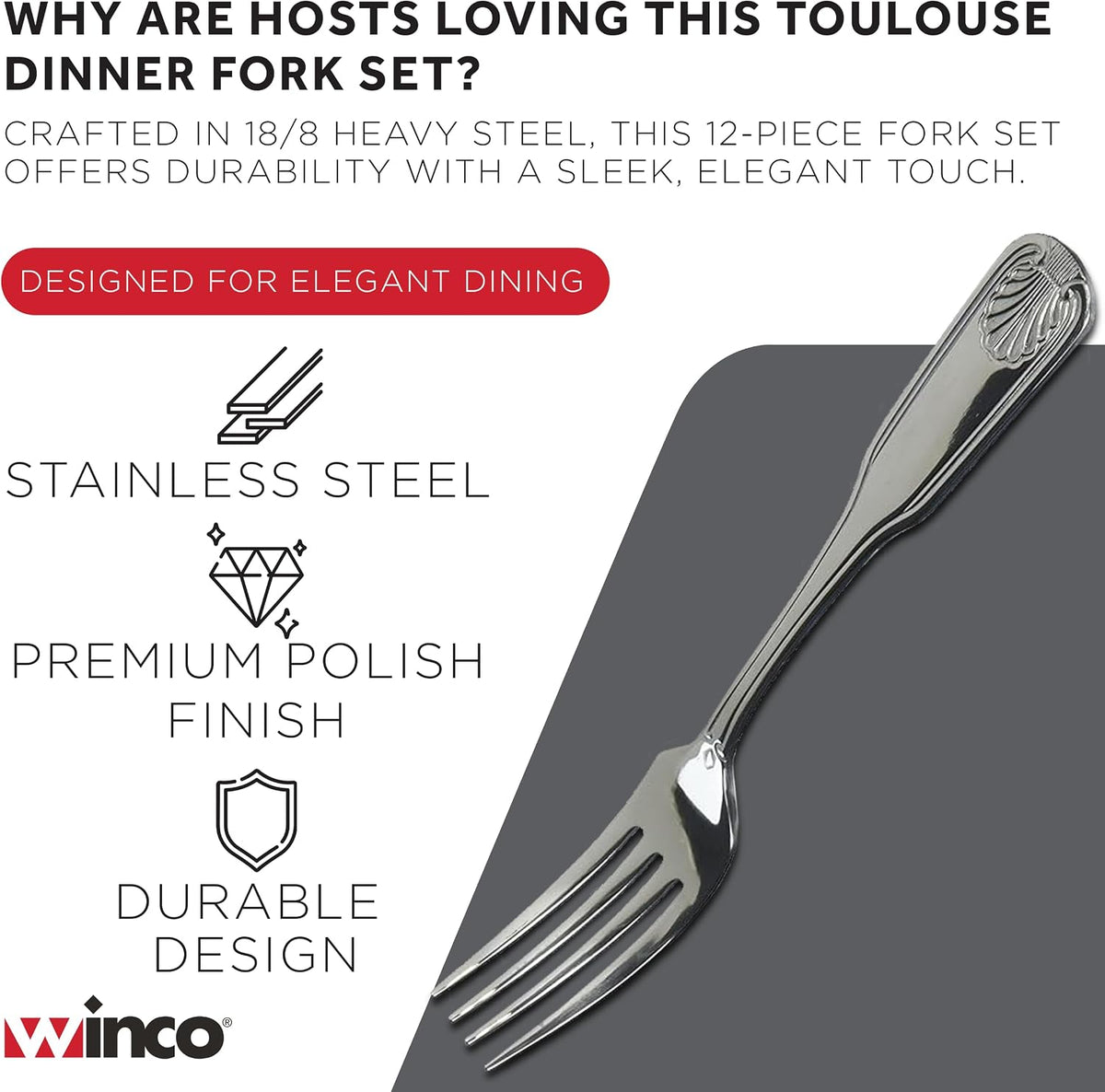 St 12-Piece Toulouse Dinner Fork Set, 18-0 Extra Heavy Weight Stainless Steel, Silver