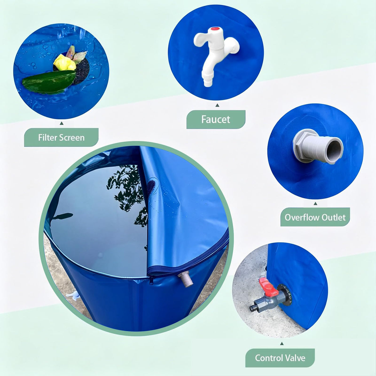 53 Gal Collapsible Rain Barrel with Spigot, Filter and Overflow Kit, Blue