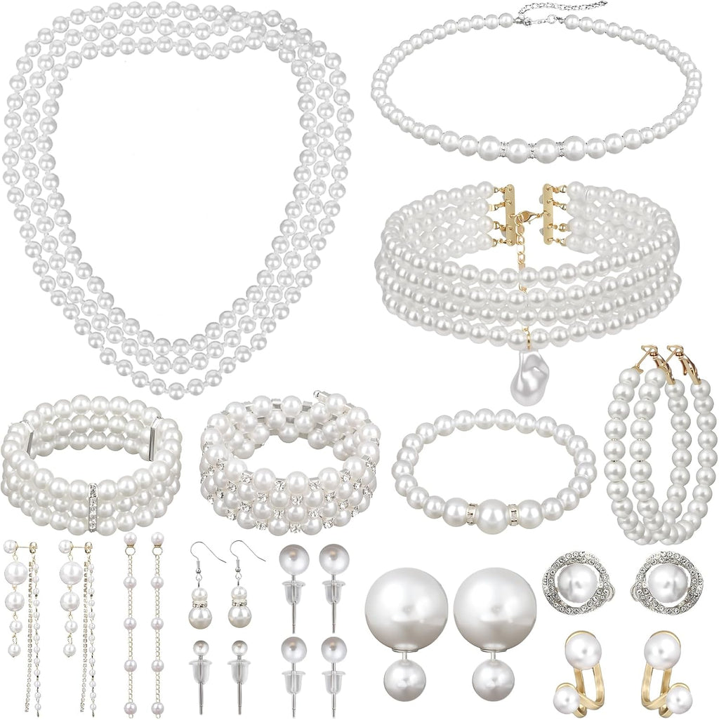 16 Pcs Pearl Jewelry Set with Necklace, Earrings and Bracelets, Pearl Necklaces for Women, Faux Pearls Set Jewelry