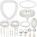 16 Pcs Pearl Jewelry Set with Necklace, Earrings and Bracelets, Pearl Necklaces for Women, Faux Pearls Set Jewelry