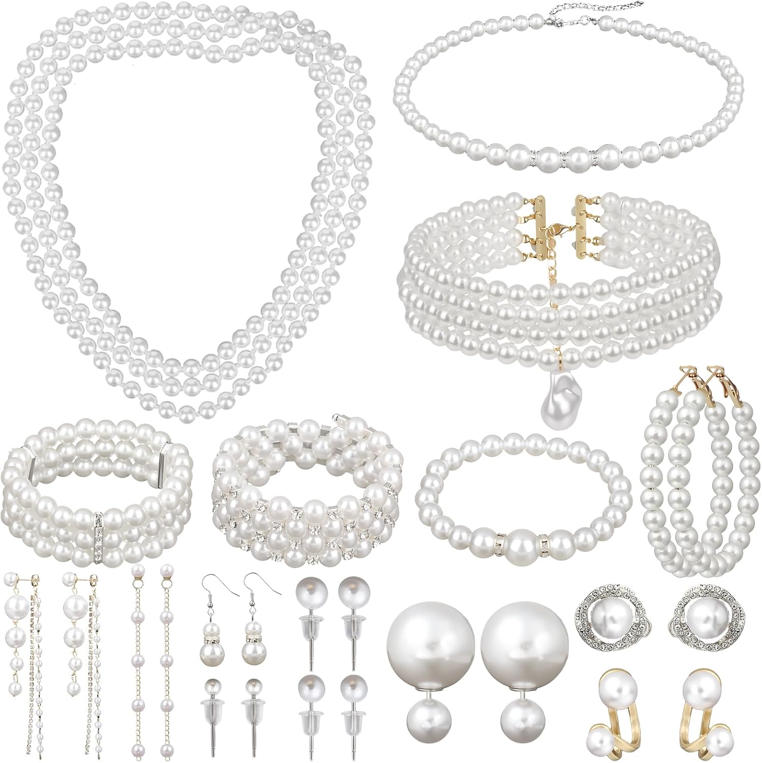 16 Pcs Pearl Jewelry Set with Necklace, Earrings and Bracelets, Pearl Necklaces for Women, Faux Pearls Set Jewelry