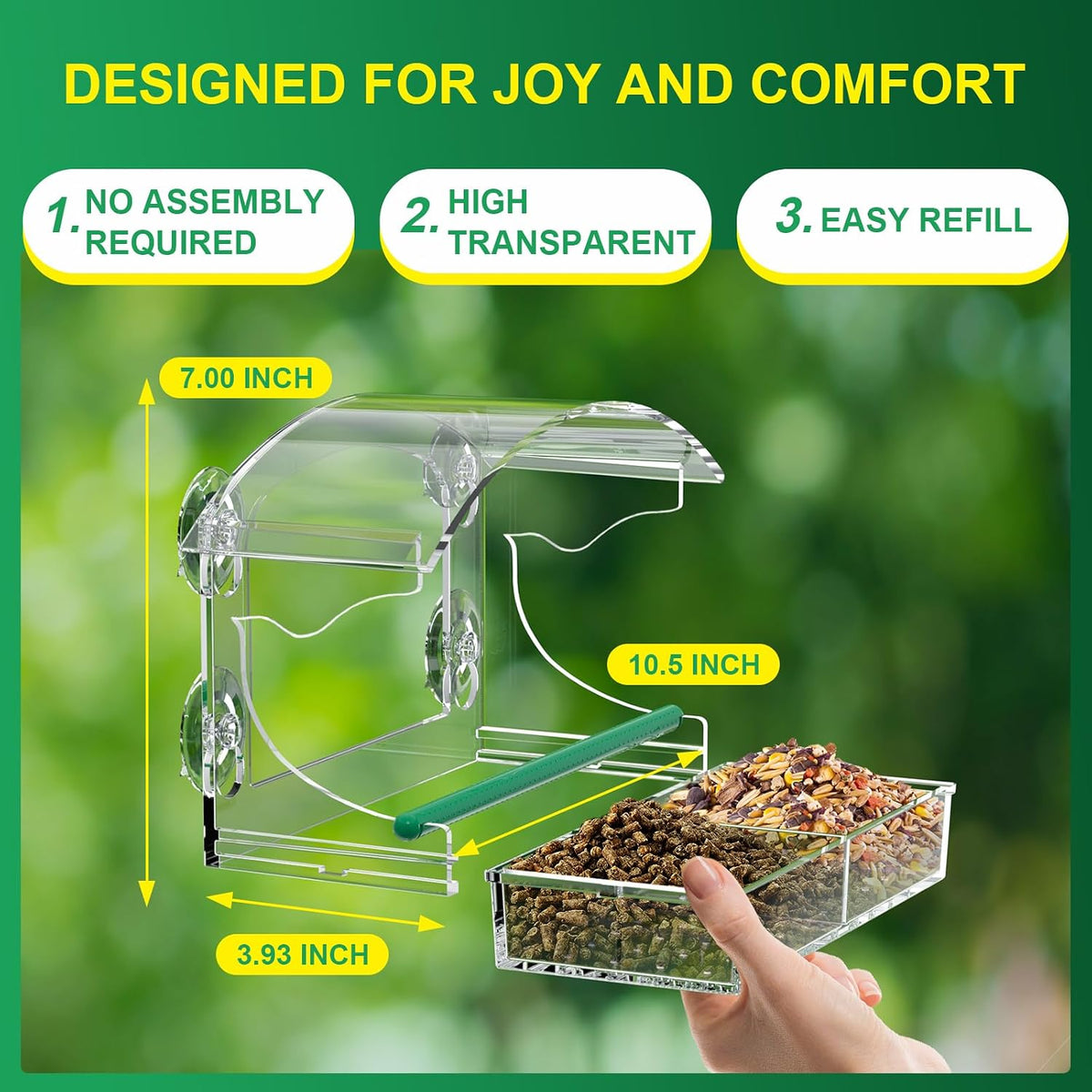 Clear Acrylic Window Bird Feeder for Outside with 4 Strong Suction Cups and Detachable Seed Tray, Highly Transparent