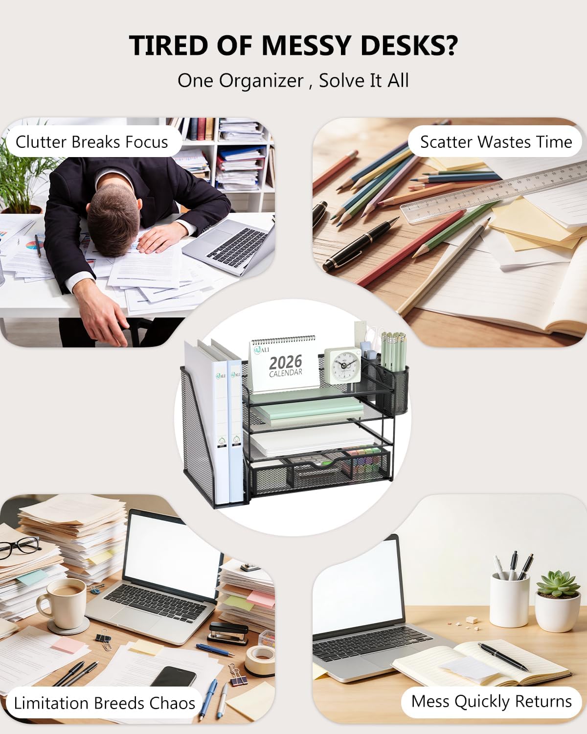 Desk File Organizer, 4 Tier Desktop Paper Letter Tray Organizer with Drawer and 2 Pen Holders, Office Desk
