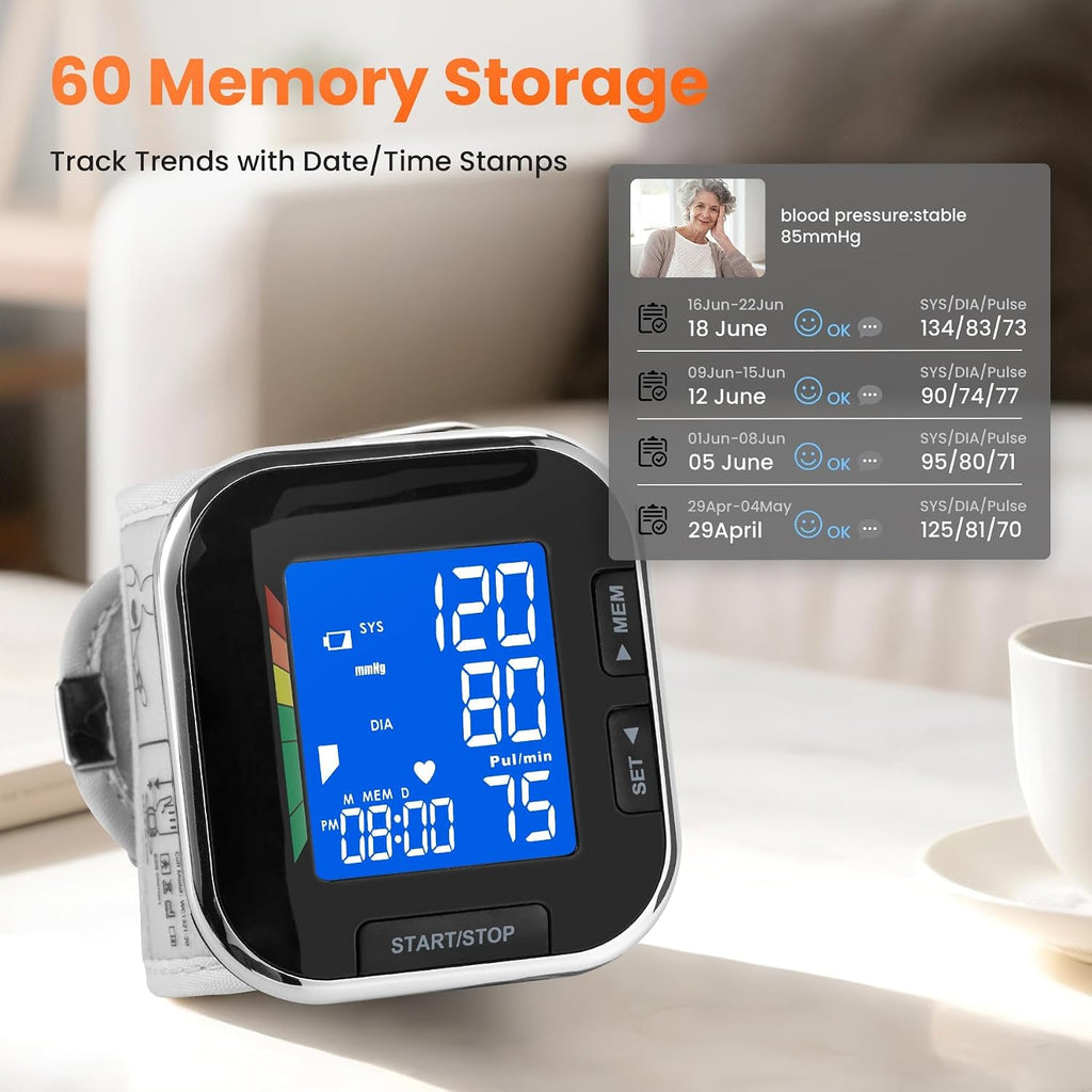 Wrist Blood Pressure Monitor with Backlit LCD & 60 Time-Stamped Memories