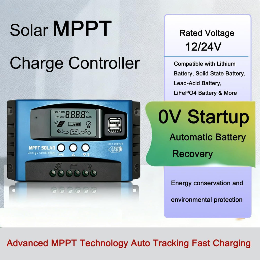 60A MPPT Solar Charge Controller Solar Panel Regulator - Auto-Detect 12V/24V System with Adjustable LCD Display Dual