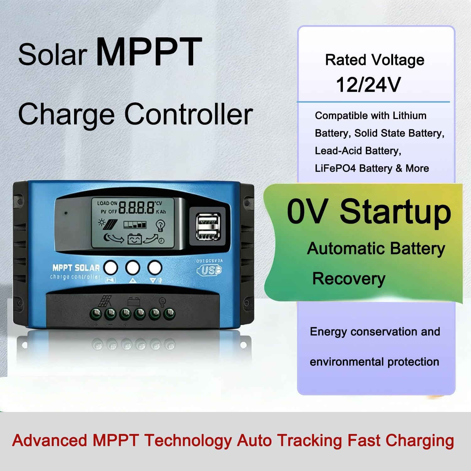 60A MPPT Solar Charge Controller Solar Panel Regulator - Auto-Detect 12V/24V System with Adjustable LCD Display Dual