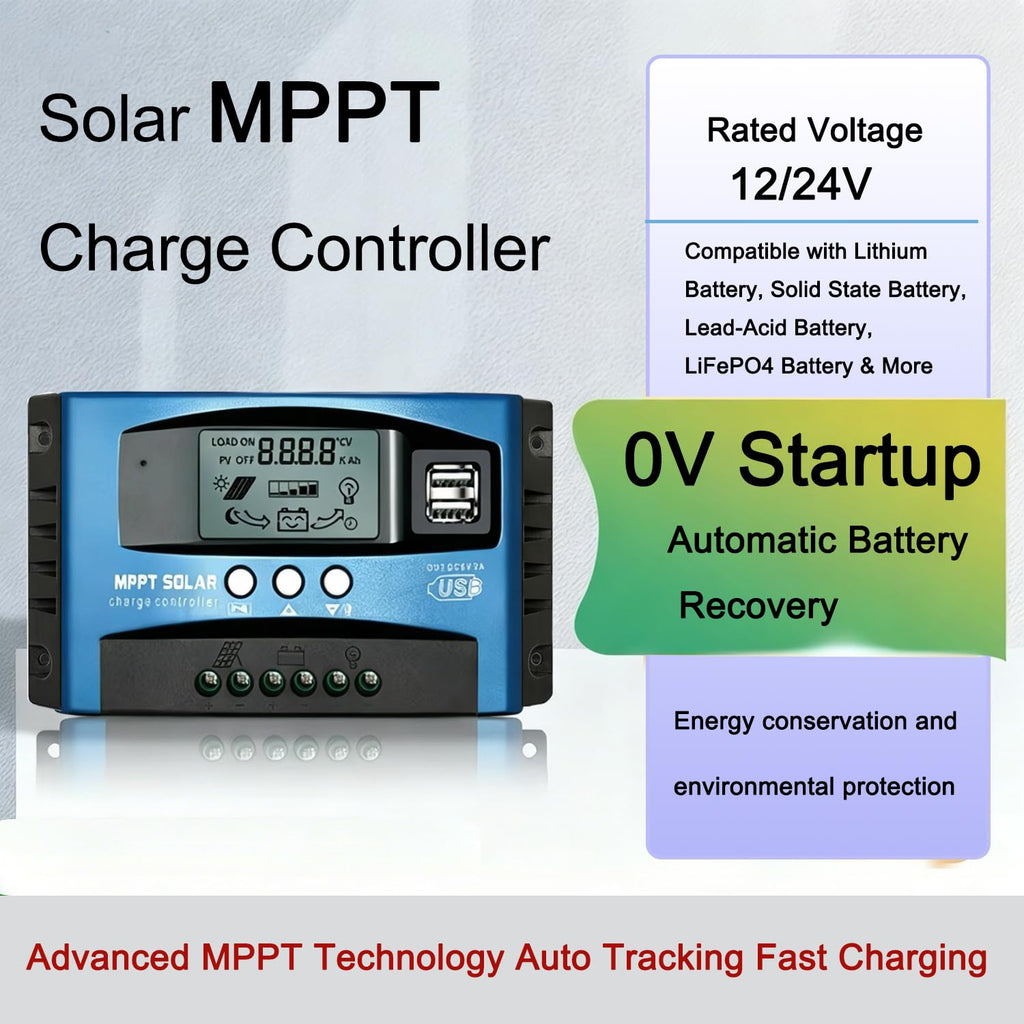 30A MPPT Solar Charge Controller Solar Panel Regulator - Auto-Detect 12V/24V System with Adjustable LCD Display Dual