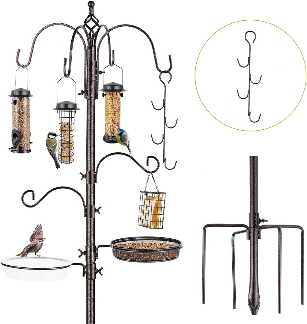 Bird Feeder Station with Suet Cage & Water Bowl Fruit Hook- Adjustable Pole, 6 Hanging Hooks for Wild Birds, Outdoor
