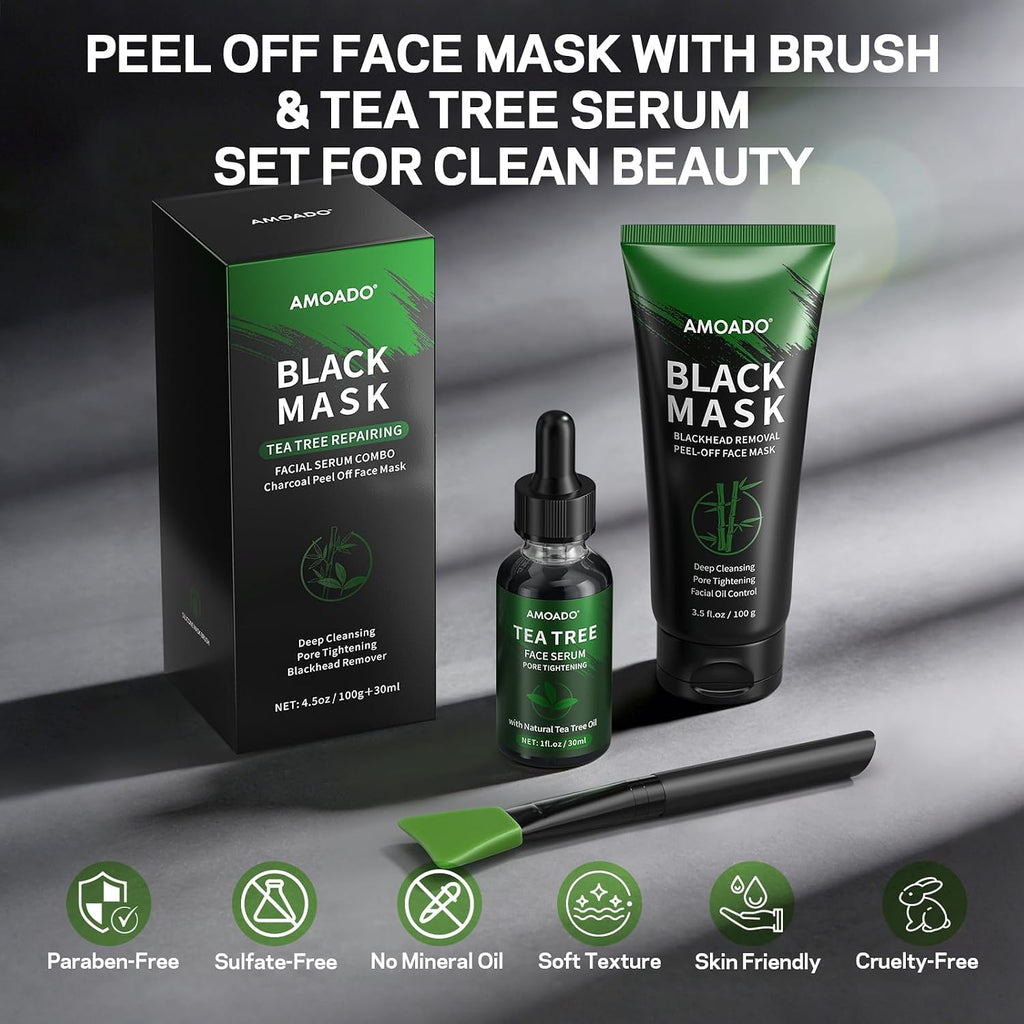 Blackhead Remover Peel Off Face Mask, Black Mask & Tea Tree Oil Serum Duo Set, 2-in-1 Deep Cleansing and Pore