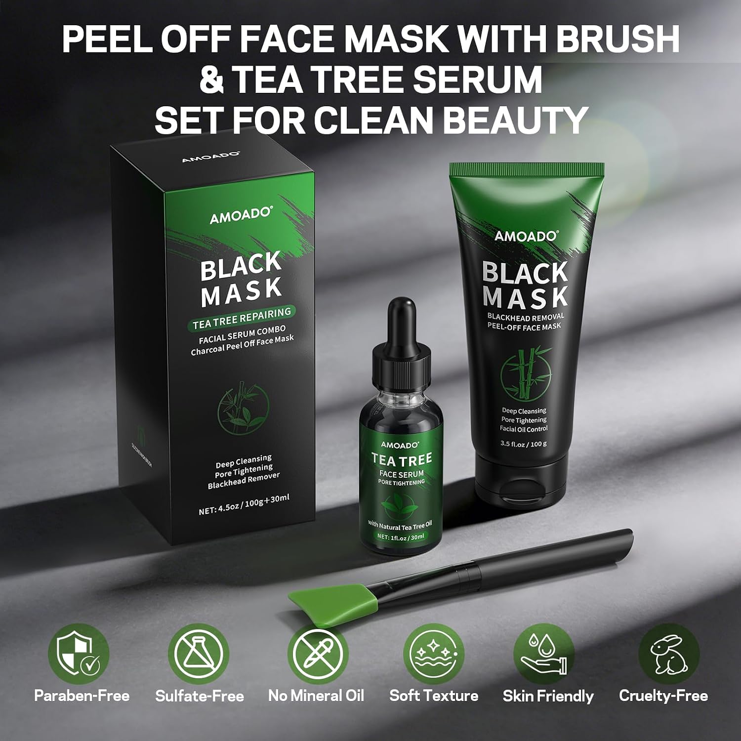Blackhead Remover Peel Off Face Mask, Black Mask & Tea Tree Oil Serum Duo Set, 2-in-1 Deep Cleansing and Pore