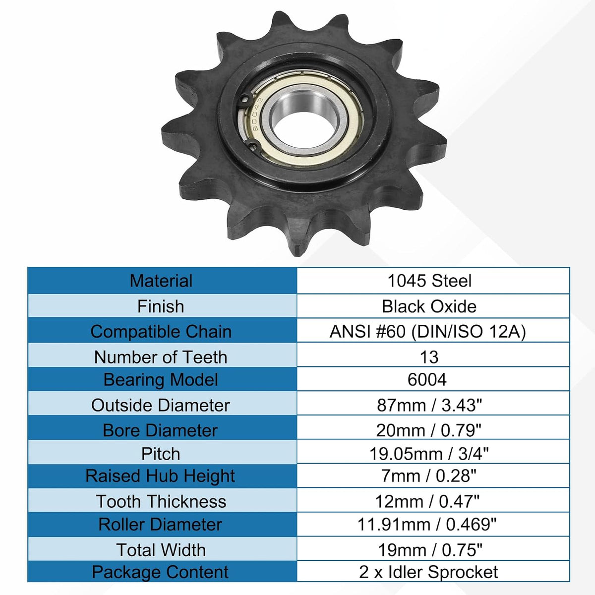 uxcell 2Pcs #60 Roller Chain Idler Sprocket, 20mm Bore 3/4" Pitch 13 Tooth