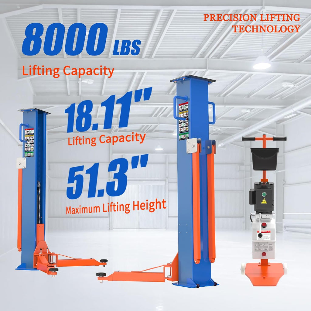 2 Post Car Lift 8000 lbs - Portable Auto Lift & Hydraulic Vehicle Hoist for Home Garage - Mid Rise Design, 220V Motor