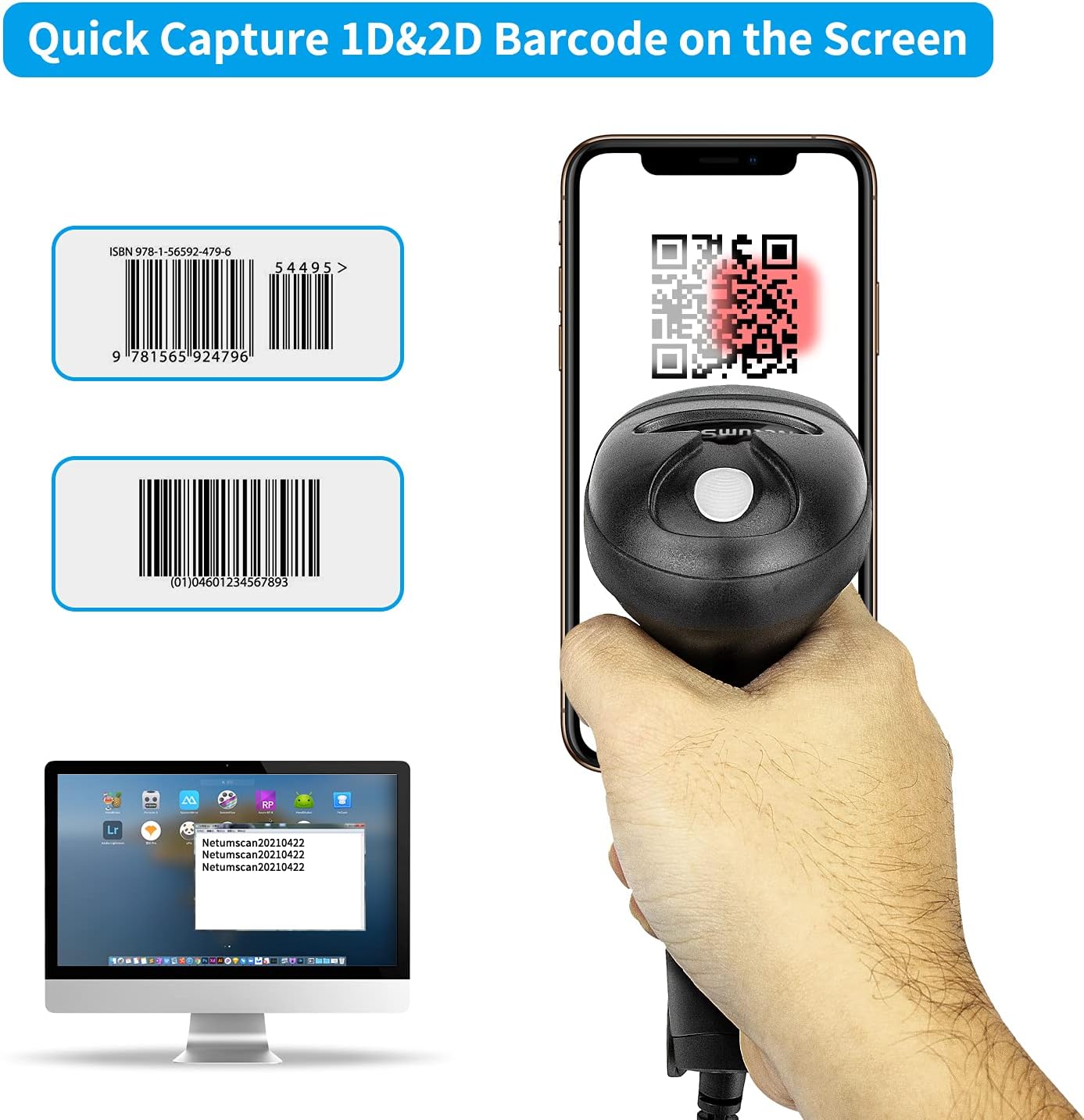 Handheld USB QR Barcode Scanner, NetumScan Wired Automatic 1D 2D Image Bar Code Reader with Adjustable Stand for