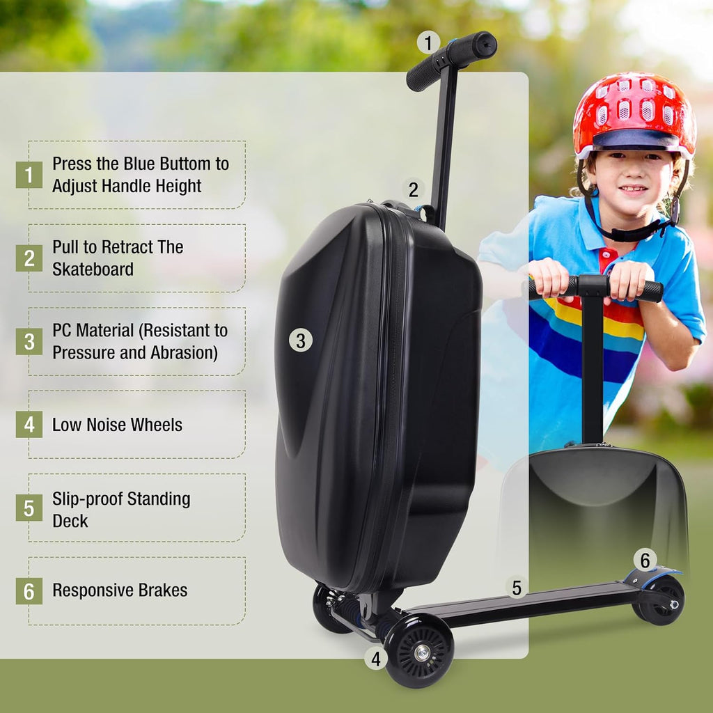 Ride-On Luggage for Kids & Adults, 2-in-1 Foldable Scooter Suitcase 20", Hardshell Carry-On Travel Suitcase with