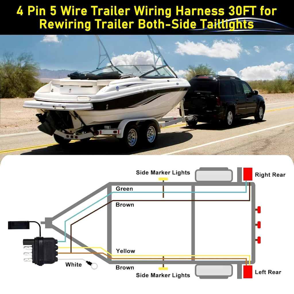 30FT 4 Pin 5 Wire Trailer Wiring Harness Kit,18AWG Pure Copper Wires with Tinned Ends to Prevent Corrosion, for