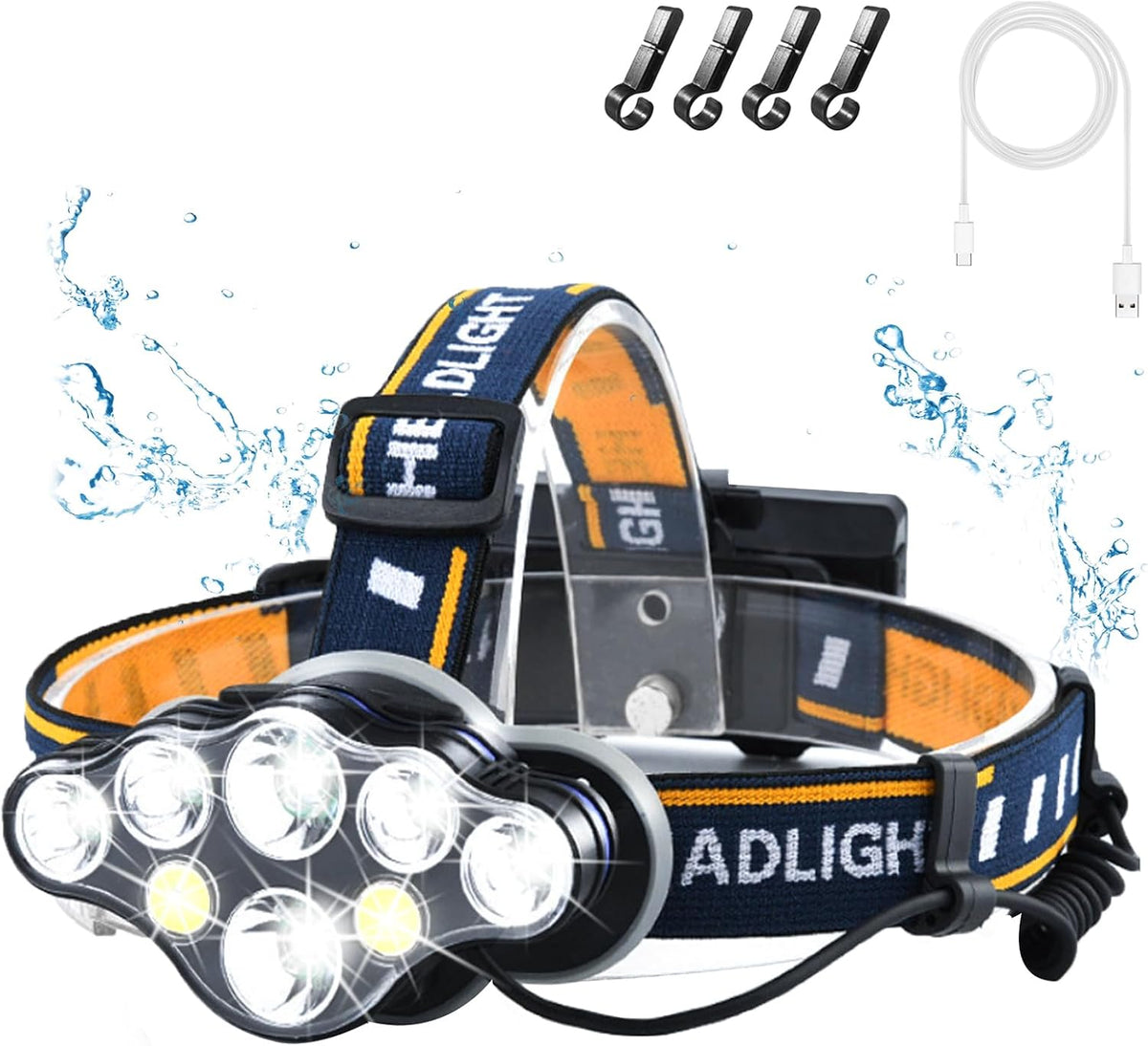 Rechargeable Headlamp, 8 LED 18000 Lumen Super Bright Waterproof Headlight with Red Lights, 8 Light Modes Head Lamp
