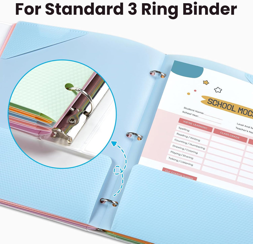 6 Pack Plastic Folders with Pockets, Heavy Duty, Fits 3-Ring Binder | Pockets Folder for 3 Ring Binder with Writable