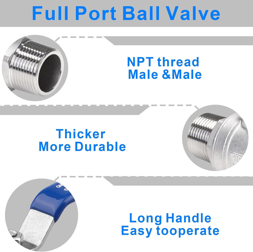 DERNORD Full Port Ball Valve 1 Inch - Male x Male Stainless Steel 304 Heavy Duty for Water, Oil, and Gas,1000WOG (1 Inch NPT)
