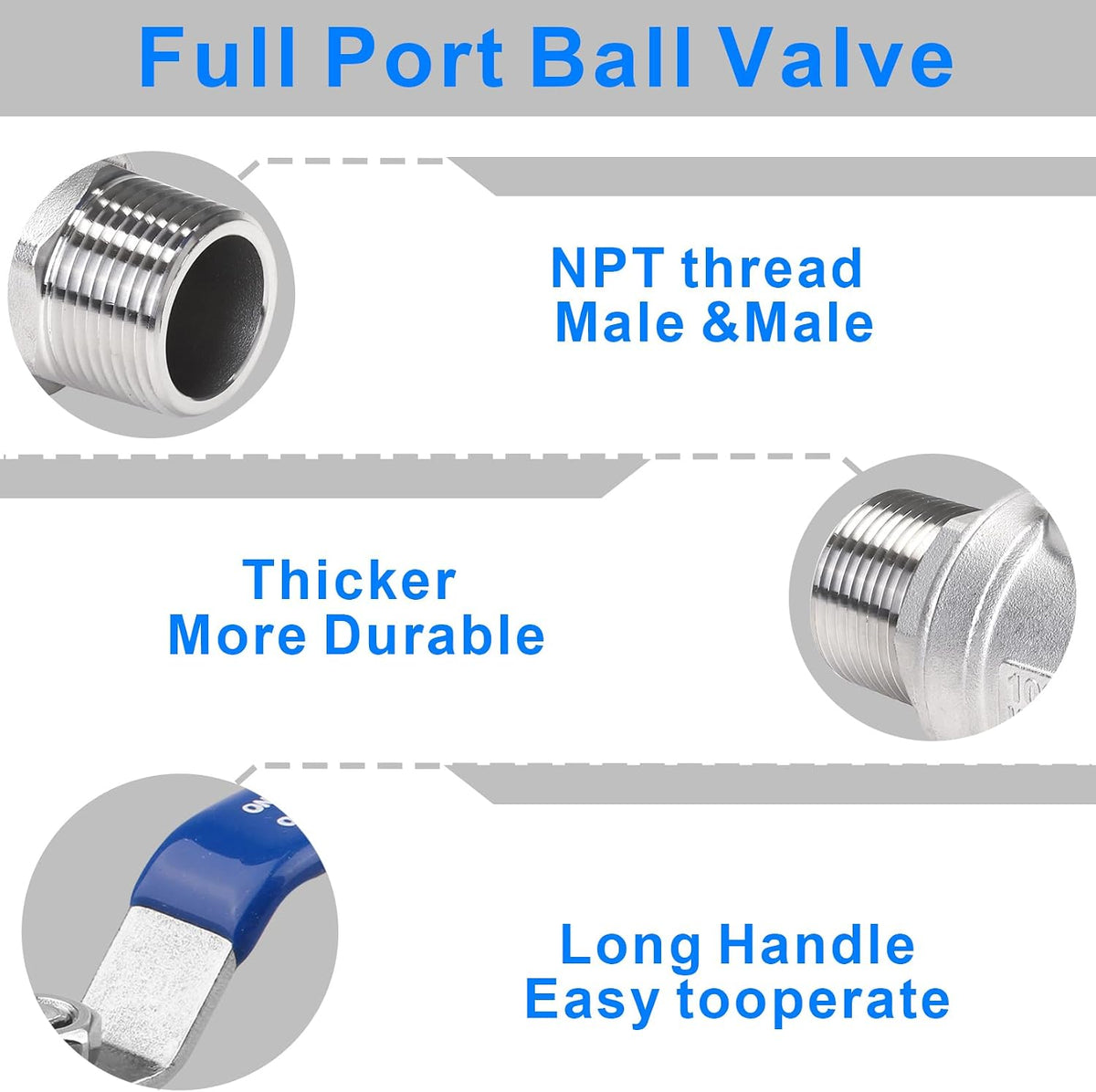 DERNORD Full Port Ball Valve 1 Inch - Male x Male Stainless Steel 304 Heavy Duty for Water, Oil, and Gas,1000WOG (1 Inch NPT)